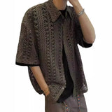 Riolio Summer American Style Vintage Distressed Versatile Military Green Knit Hollow Breathable Loose-fit Casual Short Sleeve Shirt Men