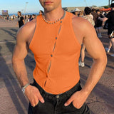 Riolio Irregular Button Down Solid Color Tank Tops Men Casual Sexy Tight O Neck Sleeveless Cardigan Tees Vintage S-5XL Summer