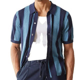 Riolio  Summer Men's Clothing Light Luxury Striped Knit Shirt Short Sleeve Leisure Button-down Retro Fashion Popular Knitwear