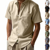Riolio Summer New Solid Color Linen Men's Shirt Turn-down Collar Short Sleeve Men's Loose Casual Pocket Outdoor Vacation Shirt