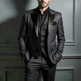 Riolio  Men Suit Dark grey 3 Pieces Single Button With Lapel For Wedding Birthday Banquet Business Work Office Jacket Pant Black Vest