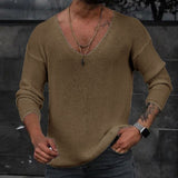 Riolio Men Spring V Neck Rib Bottoming T-shirts Pullover Autumn Long Sleeve Slim Fit Tees Tops Simple Casual Plain Thin Knit Shirt