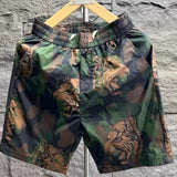 Riolio  Camouflage Tiger Pattern Men Fashionable Breathable Dark Green Waist Drawstring Beach Shorts
