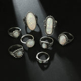 Riolio Tocona-set of vintage rings, silver colour, coloured OPAL, carved stone, Bohemian jewels for women and men