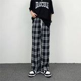 Riolio  Hip-hop Wide-leg Summer Straight Tube Black and White Plaid Loose Slim Long Pants for Men and Women Casual Pants