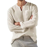 Riolio Men's Cotton Linen T Shirt Long Sleeve Hippie Casual Beach Vintage V-Neck Loose Pullover Tops Mens Tees Streetwear