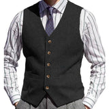 Riolio  Men Vest Brown Herringbone Solid Color V Neck Waistcoat For Wedding Business Banquet Work Formal Daily Casual Men Suit Vest