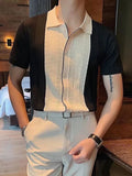 Riolio  Summer Casual Slim Short Sleeve Polos Mens Shirt Fashion Knitted Striped Patchwork Shirts Men Turndown Collar Buttoned Tops