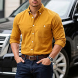 Riolio  Men's Green Corduroy Button Down Shirt Long Sleeve Slim Fit Casual Shirt with Pocket for Fall Winter
