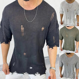 Riolio Vintage Knitting T Shirts Men Summer Short Sleeve O Neck Fashion Ripped Tee Streetwear Mens Leisure Solid Color Knit Jumper Tops