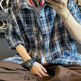 Riolio Casual Plaid Short Sleeve Shirt For Men Summer Japanese Vintage Loose Fit American Style Trendy Brand Jacket