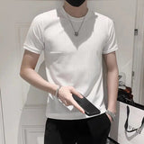 Riolio  Summer Men's Knitting Ice Silk Solid Color Round Neck Short-sleeved Korean Version Slimming Stripe Hollowed-out Fashion Casual