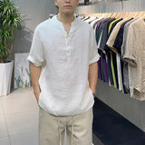 Riolio  Summer New Loose V-neck New Chinese Retro Men's Patchwork Button Fashion Solid Color Loose Casual Short Sleeved Shirts
