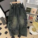 Riolio  New American Jeans Men and Women Trendy Retro Washed Multi Pocket workwear Loose High Street Straight Leg Casual Pants y2k