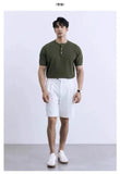 Riolio New Fashion American Style Men T-shirt Luxury Striped Knitted Henry Collar Tees Casual Solid Color Short Sleeve Breathable Tops