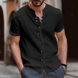 Riolio Cotton hemp hot sell men's short sleeve shirt summer solid color stand collar casual beach style shirt