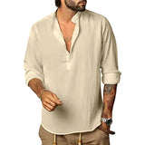 Riolio Mens Long Sleeve Shirt Casual Cotton Linen Shirts Autumn Lightweight Breathable Henley T-Shirts Solid Color Hawaiian Streetwear