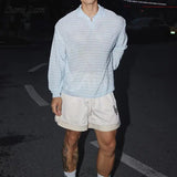 Riolio  Spring Fall Daily Casual Breathable Polo Shirt Men's Vintage Lapel Buttoned Knit Polo Shirts Fashion Striped Textured Mens Tops