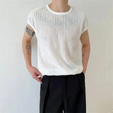 Riolio  Mens Micro-Transparent Hollow T-Shirt Summer Streetwear Breathable Fashion Niche Plain Short-Sleeve Top Men'S Clothing New