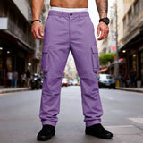 Riolio  Men's Cargo Pants Multi Pocket Solid Color Button Waist Casual Outdoor Work Trousers for Men