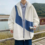 Riolio Autumn Polar Fleece Y2K Zip Up Hoodies For Men Colorblock Vintage Hooded Jacket Preppy Loose Sweatshirts Streetwear Coats
