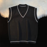 Riolio Sweater Vest Men Spring V-neck Japanese Vintage Striped College Knitted Fashion Loose All-match Ins Sleeveless Simple Clothing