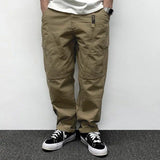 Riolio  Autumn Men's Pants Multi-Pocket Cargo Pants Retro Solid Color Simple Loose Button Elastic Strap Casual Pants