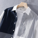 Riolio Men Clothing Men's Long-sleeved Shirt New Trendy Color Matching Cotton Shirt Casual Fashion Youth Striped Lapel Top