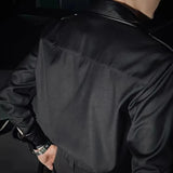 Riolio  Men Shirt Pu Leather Stitching Slim Fit Casual Shirt Spring Streetwear Fashion All-Match Long-Sleeve Top Men'S Clothing New