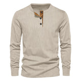 Riolio Spring and Autumn New Men's Long Sleeve T-shirt Corduroy Retro Casual Men's Clothing Slim Solid Color Long Sleeve Henley Shirt