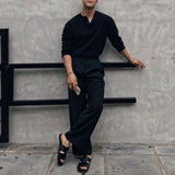 Riolio  Mens Autumn T-Shirt Textured Drop Shoulder Casual T-Shirt Daily Versatile Outdoor Plain Loose Long-Sleeved Top Men'S Clothing