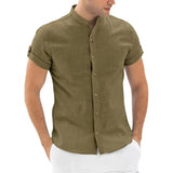 Riolio  Spring Summer Designer Casual Shirts For Men Cotton Linen Solid Color Shorts Sleeve Shirts White Loose Stand Collar Shirts Tops