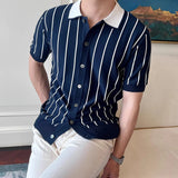 Riolio  Summer Daily Casual Mens Slim Shirts Knitted Short Sleeve Buttoned Lapel Knit Shirt Men Clothes Fashion Knitting Cardigans
