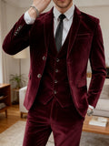 Riolio  Wine Red Man Velvet Suits 3 Pieces Banquet Party Wear  Notched Lapel Handsome Suit Set Wedding Groom Sets Plus Size Tuxedo