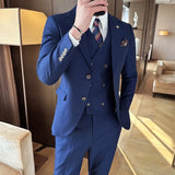Riolio  New Men's Double-Breasted Three-Piece Suit Elegant Business Style Casual Fashion Urban Spring Season Slim Fit Metal Decoration