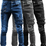 Riolio  Men's Retro Moto Biker Straight Elastic Jeans Zipper Distress Hole Punk Skinny Denim Cargo Pants Streetwear Y2K Hombre Trousers