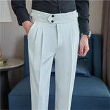 Riolio Spring Autumn Men High Waist Belt Design Casual Slim Formal Dress Pant Men Social Office Wedding Party Dress Suit Pants