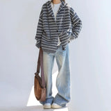 Riolio Korean retro high street striped men and women trendy personality hooded sweater couple hip-hop loose retro Harajuku casual top