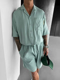 Riolio Streetwear Vintage Mens Shirts Two Piece Outfits Fashion Solid Color Suits Loose Pocket Short Sleeve Shirt And Shorts Men Sets