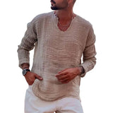 Riolio Men V-neck Long Sleeve Shirt Tops Burr Edge Pleated Loose Thin Pullover Tops Streetwear Spring Autumn Casual Handsome Men Shirts