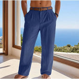 Riolio  Solid Color Pleated Linen Suit Pants For Men Elastic High Waist Straight Wide Leg Trousers Summer Office Casual Beach trousers