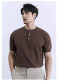 Riolio New Fashion American Style Men T-shirt Luxury Striped Knitted Henry Collar Tees Casual Solid Color Short Sleeve Breathable Tops