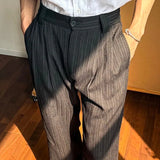 Riolio  Spring Summer Men Pinstripe Pants High Waist Wide Leg Relaxed Fit Casual Office Trousers
