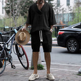 Riolio New Summer Men's Set Loose Casual Sports Suit High-quality Jacquard V-neck Short-sleeved Shorts Two-piece Men's Clothing