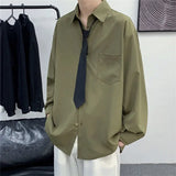 Riolio  Solid Color Shirt with Tie Spring Autumn New Style Hong Kong Style Retro Versatile Long Sleeve Men's Loose Casual Top Trend