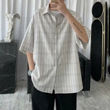Riolio Korean Style Loose and Versatile Plaid Five-point Sleeve Shirt