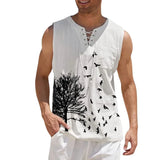 Mens Boho Tree Birds Print Shirts Summer Bandage Tops Men Sleeveless Blouse Male Pullovers Casual Shirt