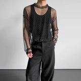 Riolio  Mens Lightweight Sheer Starry-Print Mesh T-Shirt Fashion Streetwear Clubwear Niche Sexy Outerwear Long Sleeve Top New