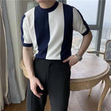Riolio  Men Summer Ice Silk Short Sleeve T Shirt Business Round Neck Slim Breathable Thin Knit Shirt