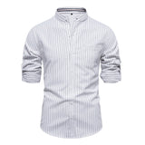 Riolio Solid Color Striped Men's Shirts Single Pocket Stand Collar Long-sleeved Shirts for Men New Spring Social Shirts Men